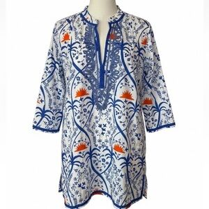 Ro's Garden Theodore Mini Dress Blue Medium M Blue Orange Floral Tunic Coverup